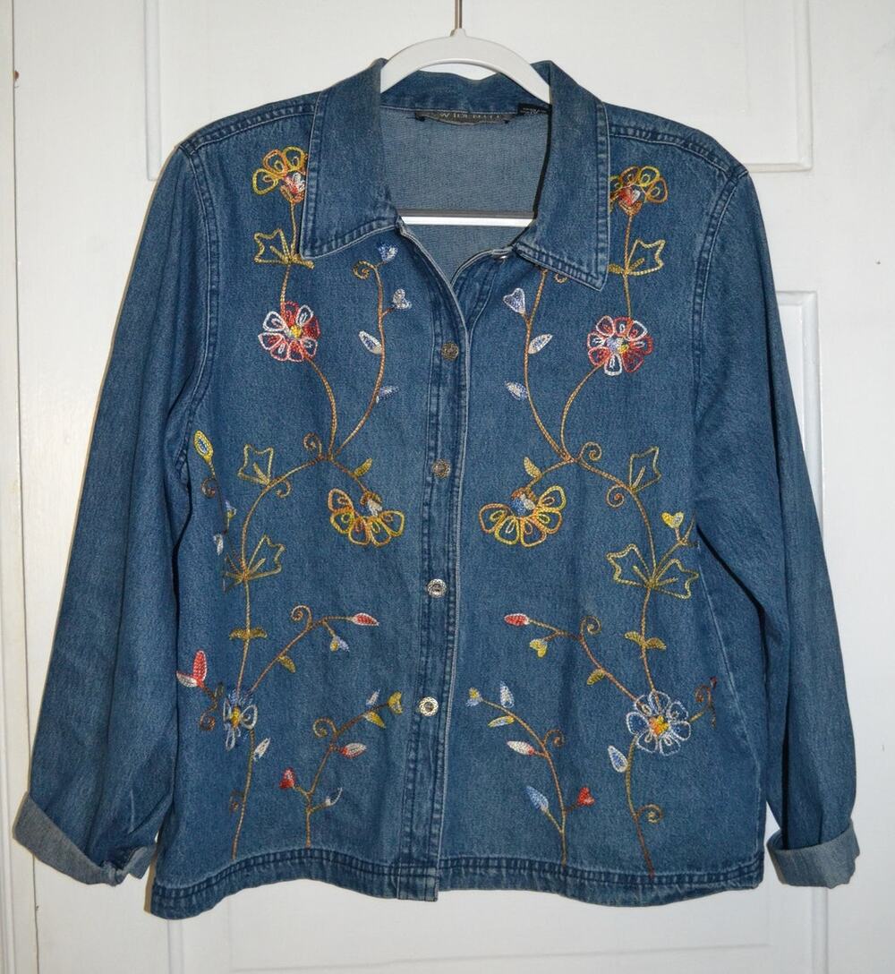 Vintage Floral Embroidered Relaxed Fir Demin Button Up Lightweight Jacket Size L